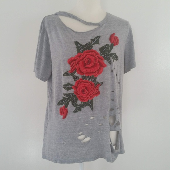 Toska Tops - Toska Distressed Embroidered Flower Top T-Shirt